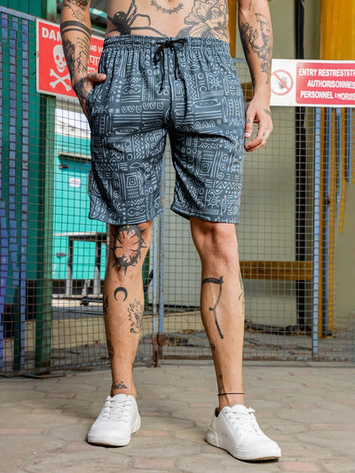 House Of Koala Grey Tribal Print Textured Fabric Relaxed Fit Shorts