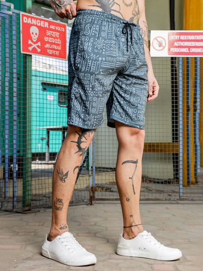 House Of Koala Grey Tribal Print Textured Fabric Relaxed Fit Shorts