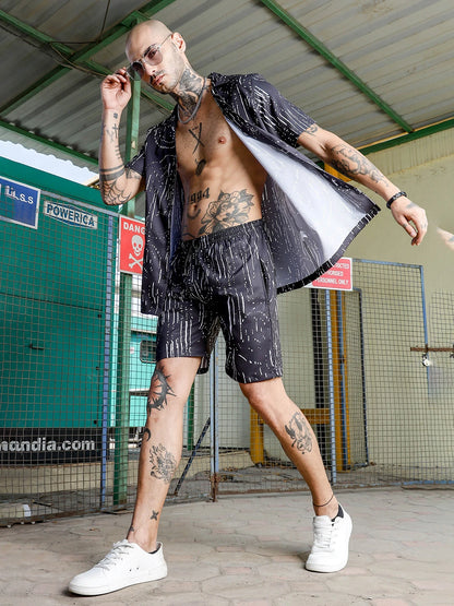 House Of Koala Black Geometric Print Textured Fabric Relaxed Fit Shorts