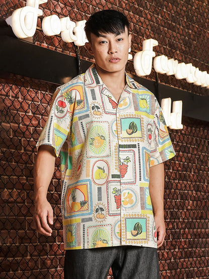 House Of Koala Beige Quirk Tropical Printed Classic Relaxed Fit Resort Shirt