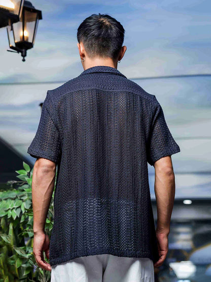 House Of Koala Relaxed Fit Black Cotton Crochet Resort Shirt
