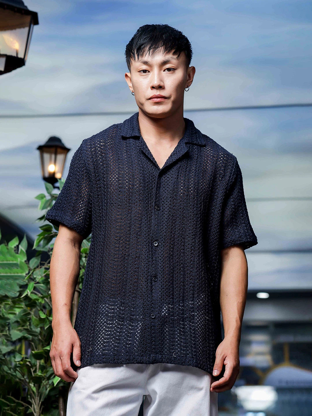 House Of Koala Relaxed Fit Black Cotton Crochet Resort Shirt