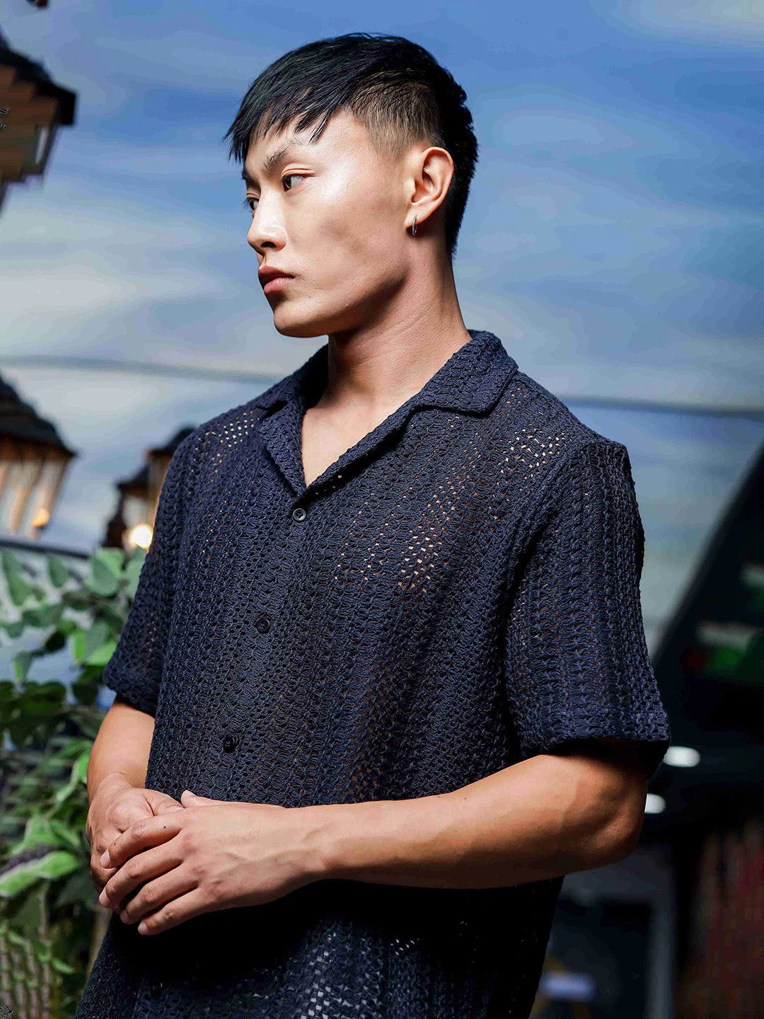 House Of Koala Relaxed Fit Black Cotton Crochet Resort Shirt