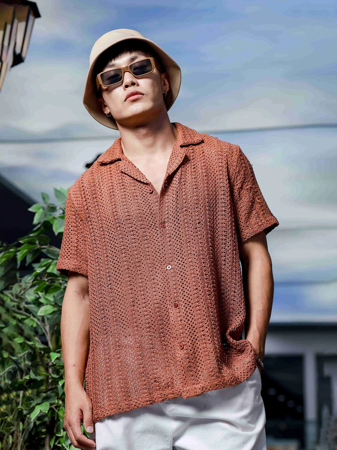 House Of Koala Brown Pure Cotton Crochet Resort Shirt