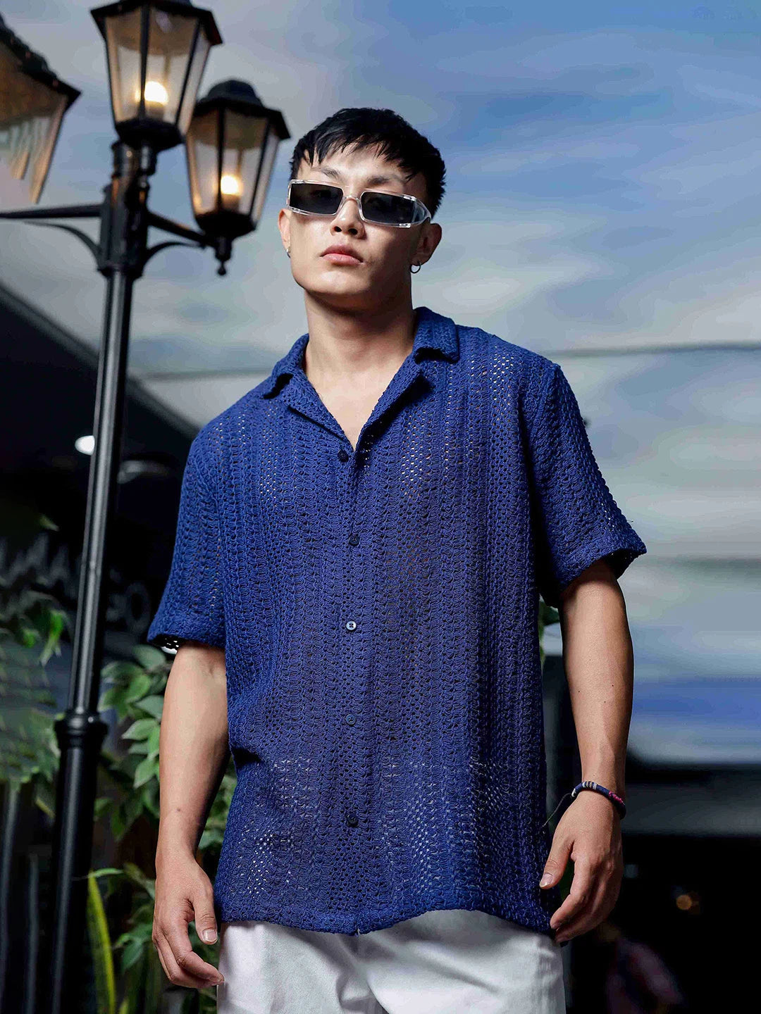 House Of Koala Navy Blue Relaxed Fit Pure Cotton Crochet Resort Shirt