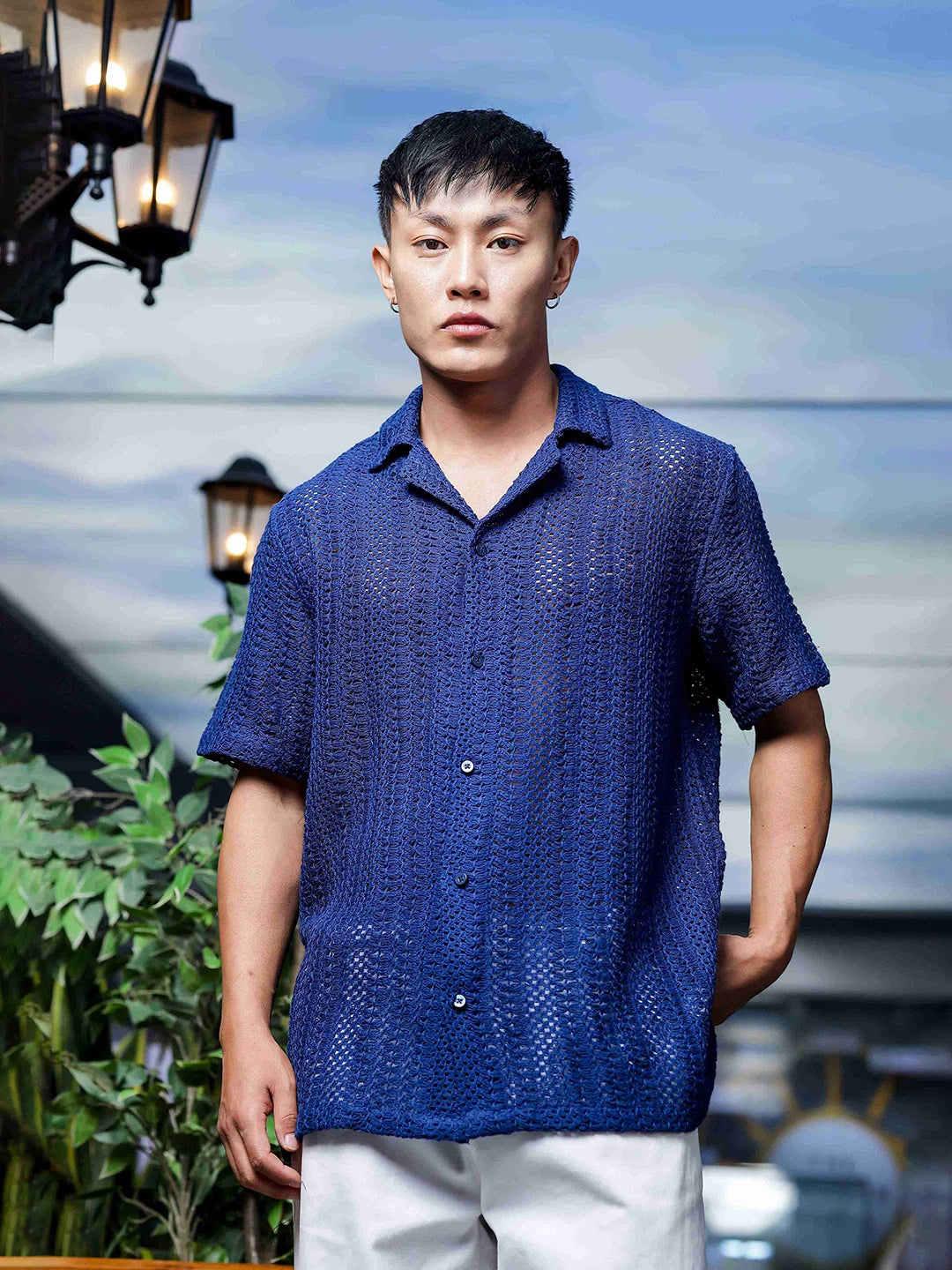 House Of Koala Navy Blue Relaxed Fit Pure Cotton Crochet Resort Shirt