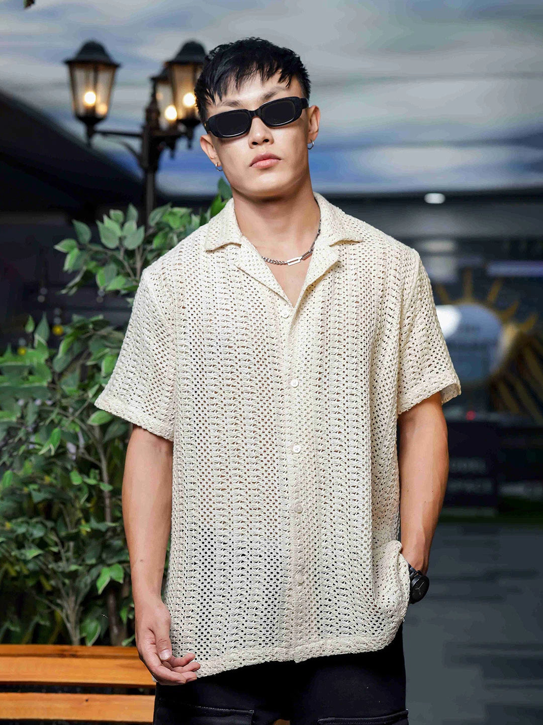 House Of Koala Off White Relaxed Fit Pure Cotton Crochet Resort Shirt