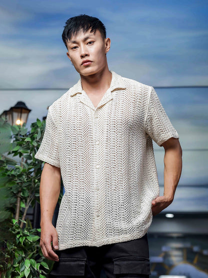 House Of Koala Off White Relaxed Fit Pure Cotton Crochet Resort Shirt