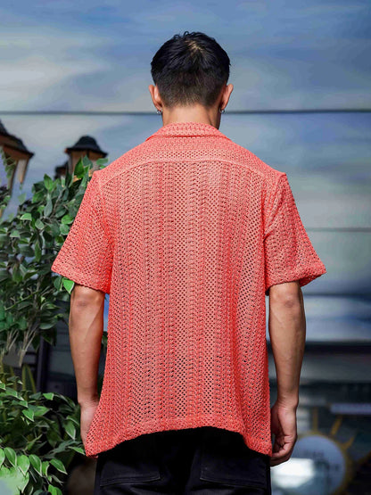 House Of Koala Relaxed Fit Pink Cotton Crochet Resort Shirt