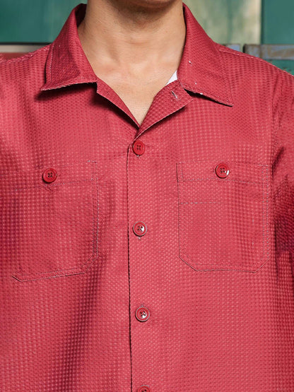 House Of Koala Maroon Red Textured Fabric Relaxed Fit Full Sleeve Shacket Shirt