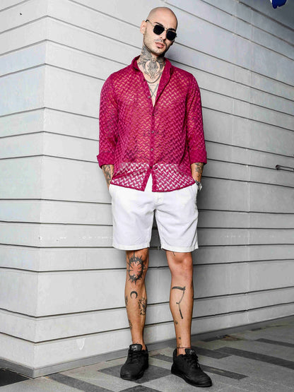 House Of Koala Pink Classic Semi Sheer Georgette Relaxed Fit Shirt