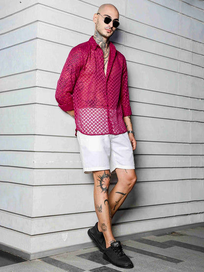 House Of Koala Pink Classic Semi Sheer Georgette Relaxed Fit Shirt