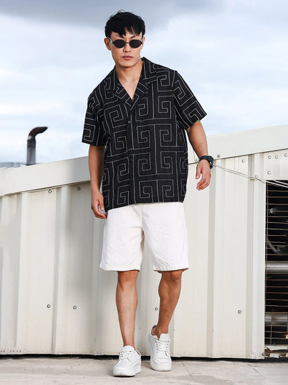 House Of Koala Linen Blend Black Korean Embroidered Notched Lapel Collar Resort Shirt