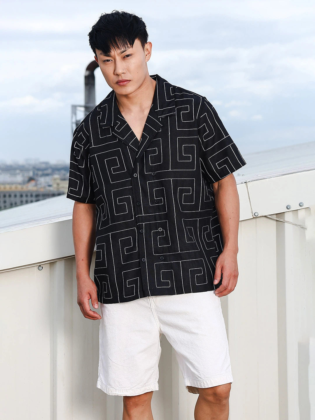 House Of Koala Linen Blend Black Korean Embroidered Notched Lapel Collar Resort Shirt