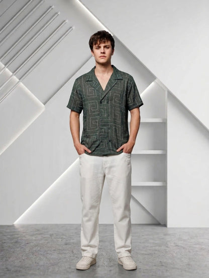 House Of Koala Olive Korean Linen Blend Embroidered Notched Lapel Collar Resort Shirt