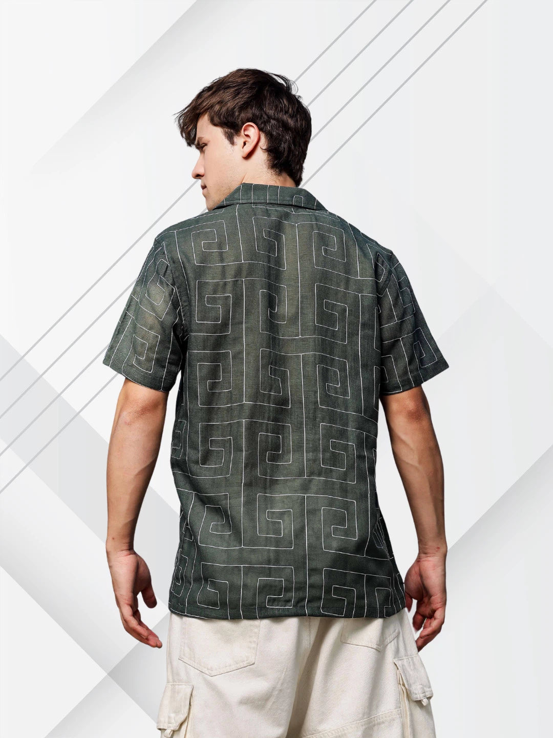 House Of Koala Olive Korean Linen Blend Embroidered Notched Lapel Collar Resort Shirt