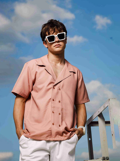 House Of Koala Peach Textured Fabric Korean Notched Lapel Collar Relaxed Fit Resort Shirt
