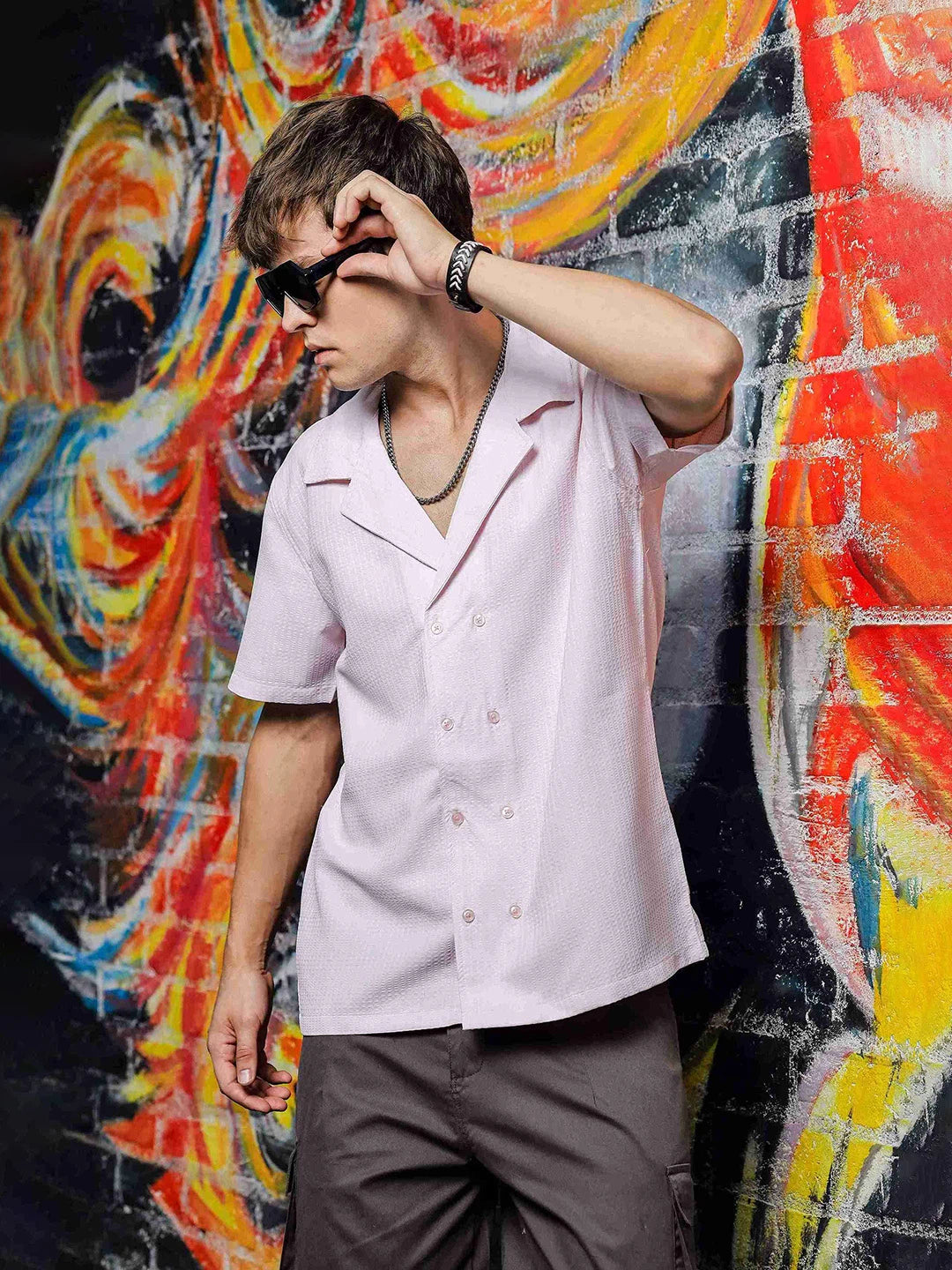 House Of Koala Textured Pink Korean Cuban Collar Resort Shirt