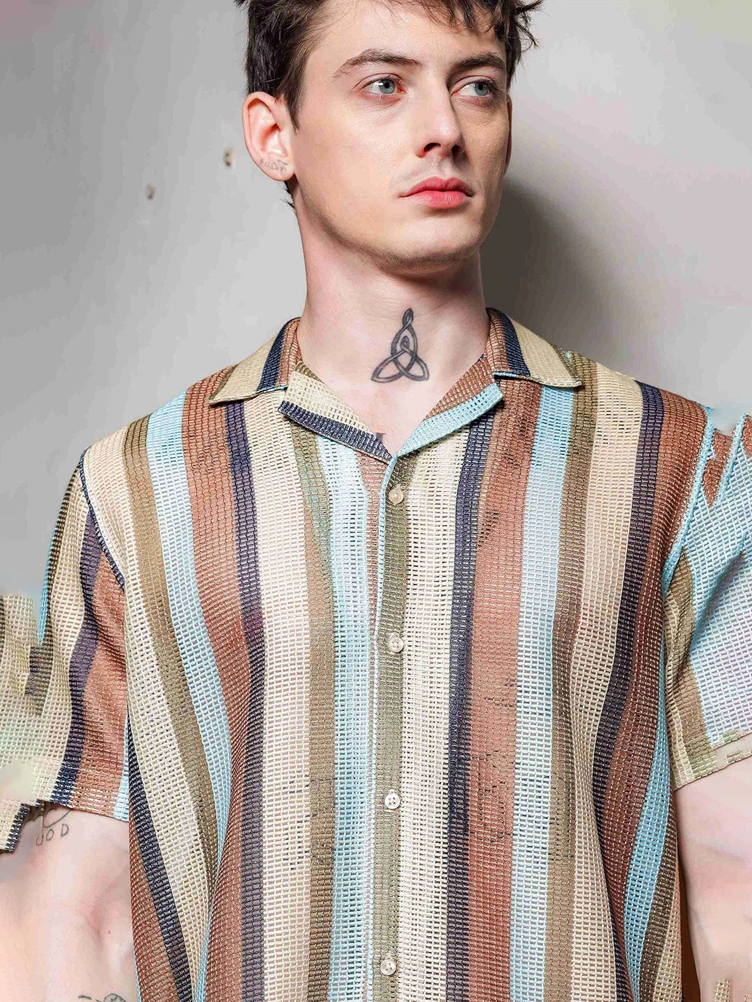 House Of Koala Regular Fit Brown Striped Semi Sheer Crochet-Look Resort Shirt