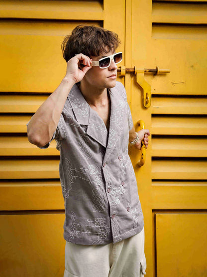 House Of Koala Linen Blend Grey Korean Notched Lapel Collar Resort Shirt
