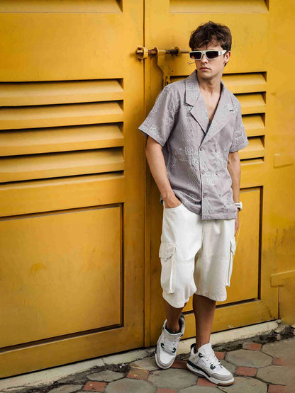 House Of Koala Linen Blend Grey Korean Notched Lapel Collar Resort Shirt