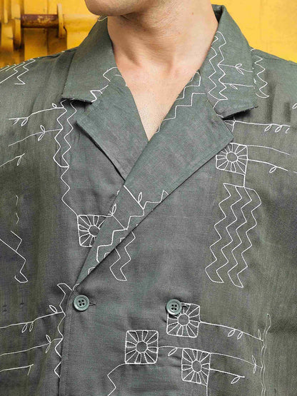 House Of Koala Linen Blend Olive Korean Notched Lapel Collar Resort Shirt