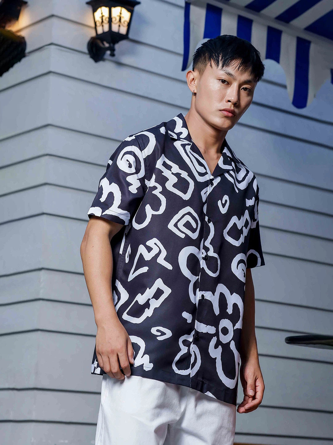 House Of Koala Black Abstract Floral Printed Cuban Collar Oversized Resort Shirt