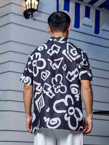 House Of Koala Black Abstract Floral Printed Cuban Collar Oversized Resort Shirt