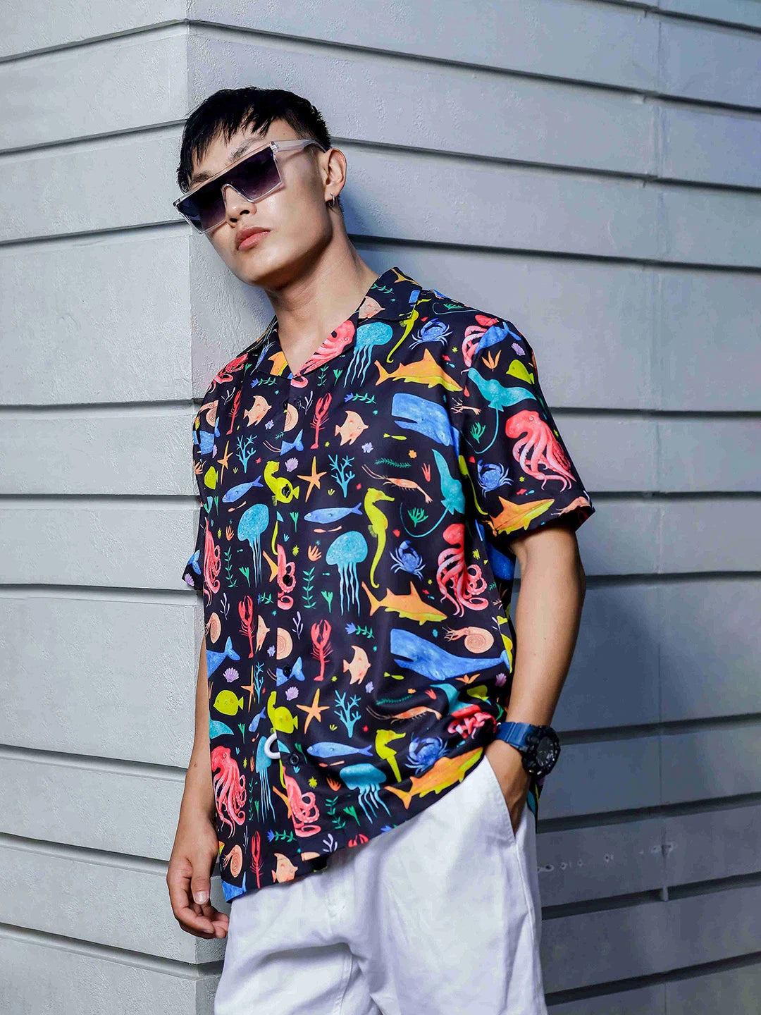 House Of Koala Black Abstract Printed Cuban Collar Classic Relaxed Fit Resort Shirt