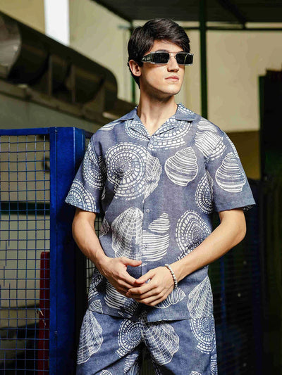 House Of Koala Grey Tropical Print Linen Blend Classic Cuban Collar Resort Shirt