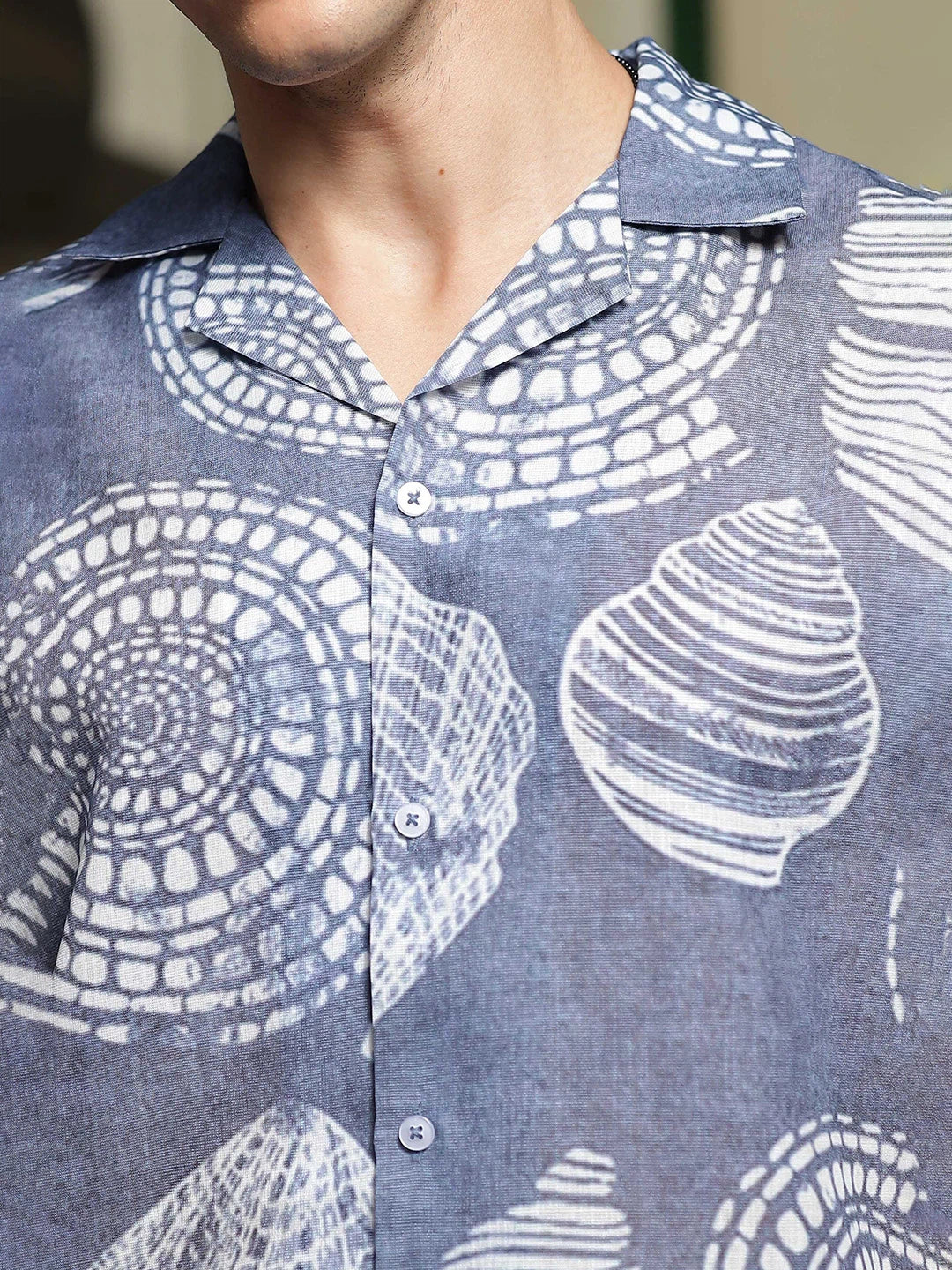 House Of Koala Grey Tropical Print Linen Blend Classic Cuban Collar Resort Shirt