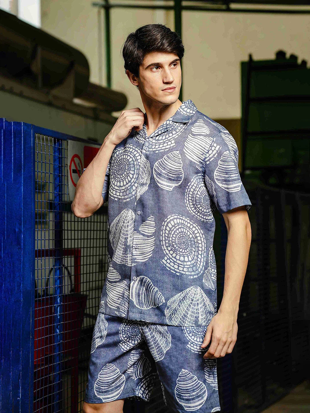 House Of Koala Grey Tropical Print Linen Blend Classic Cuban Collar Resort Shirt