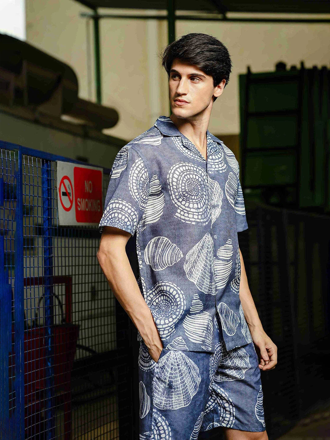 House Of Koala Grey Tropical Print Linen Blend Classic Cuban Collar Resort Shirt