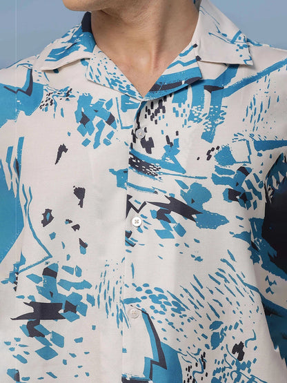 House Of Koala Off White Abstract Print Cuban Collar Relaxed Fit Resort Shirt
