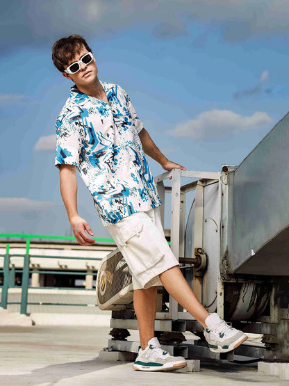 House Of Koala Off White Abstract Print Cuban Collar Relaxed Fit Resort Shirt