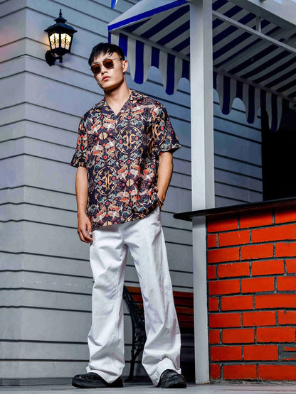 House Of Koala Black Relaxed Fit Floral Printed Cuban Collar Resort Shirt