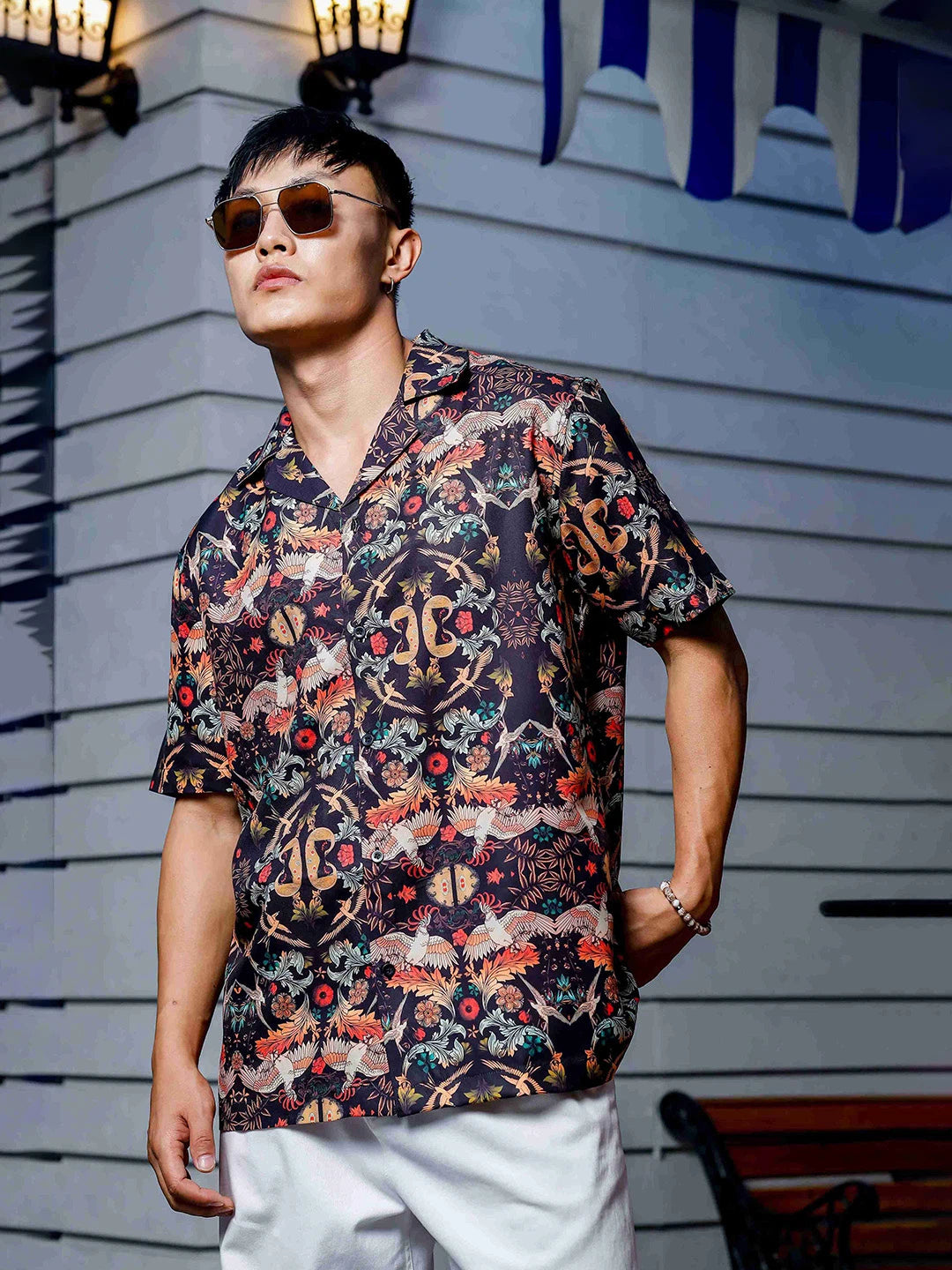 House Of Koala Black Relaxed Fit Floral Printed Cuban Collar Resort Shirt