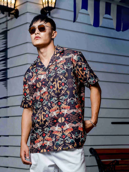 House Of Koala Black Relaxed Fit Floral Printed Cuban Collar Resort Shirt