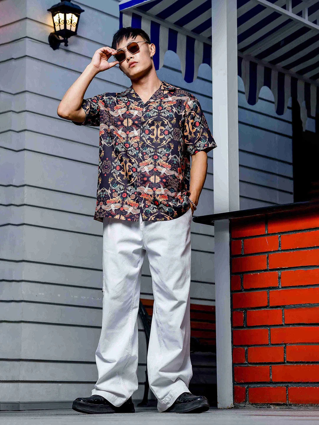 House Of Koala Black Relaxed Fit Floral Printed Cuban Collar Resort Shirt
