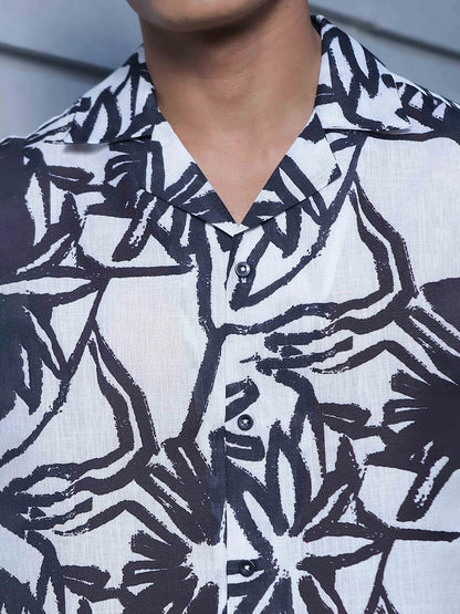 House Of Koala Abstract Floral Print Linen Blend Cuban Collar Oversized Resort Shirt