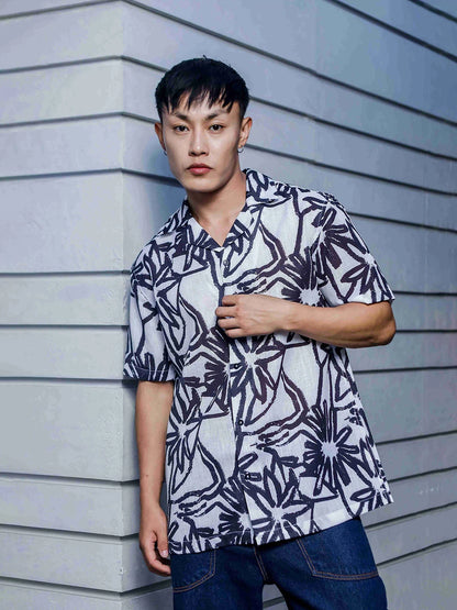 House Of Koala Abstract Floral Print Linen Blend Cuban Collar Oversized Resort Shirt