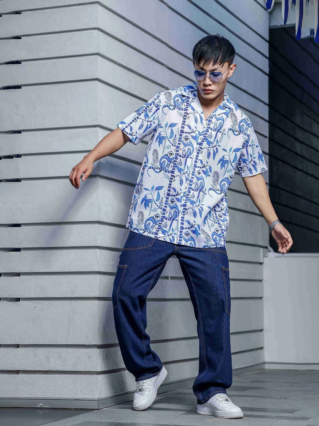 House Of Koala Abstract Tropical Print Cuban White Collar Oversized Resort Shirt