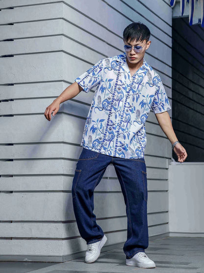 House Of Koala Abstract Tropical Print Cuban White Collar Oversized Resort Shirt