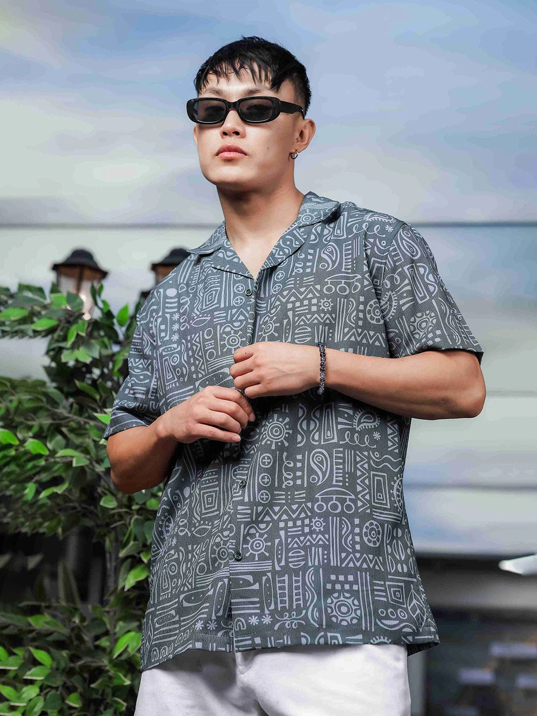 House Of Koala Abstract Tribal Print Cuban Collar Relaxed Fit Resort Shirt
