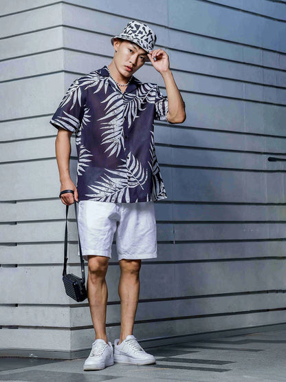 House Of Koala Black Tropical Print Cuban Collar Oversized Resort Shirt