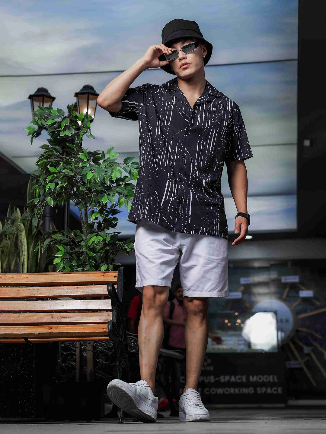 House Of Koala Black Abstract Printed Cuban Collar Relaxed Fit Resort Shirt