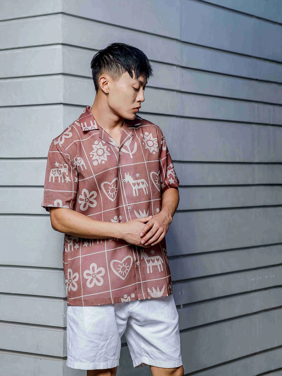House Of Koala Linen Blend Abstract Tile Print Cuban Collar Oversized Resort Shirt