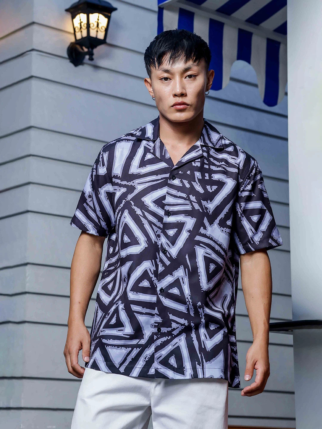 House Of Koala Black Abstract Print Cuban Collar Oversized Resort Shirt