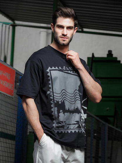 House Of Koala Black Oversized Printed Drop-Shoulder Sleeve Pure Cotton T-Shirt
