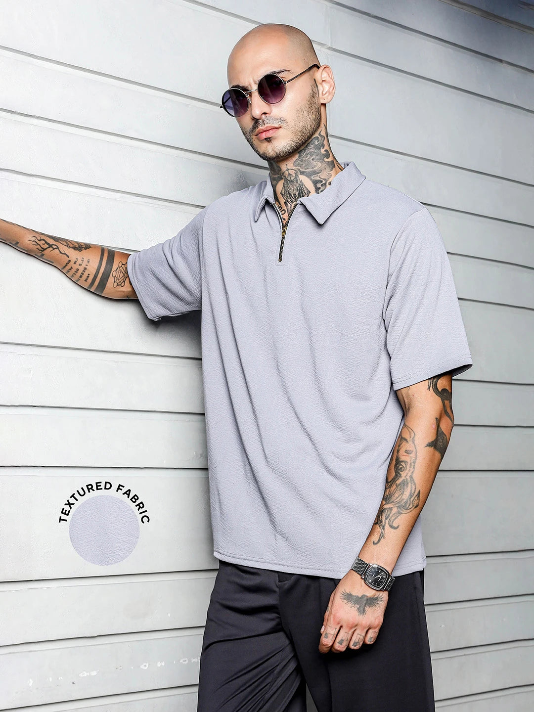 House Of Koala Grey Textured Polo Neck Oversized T-Shirt